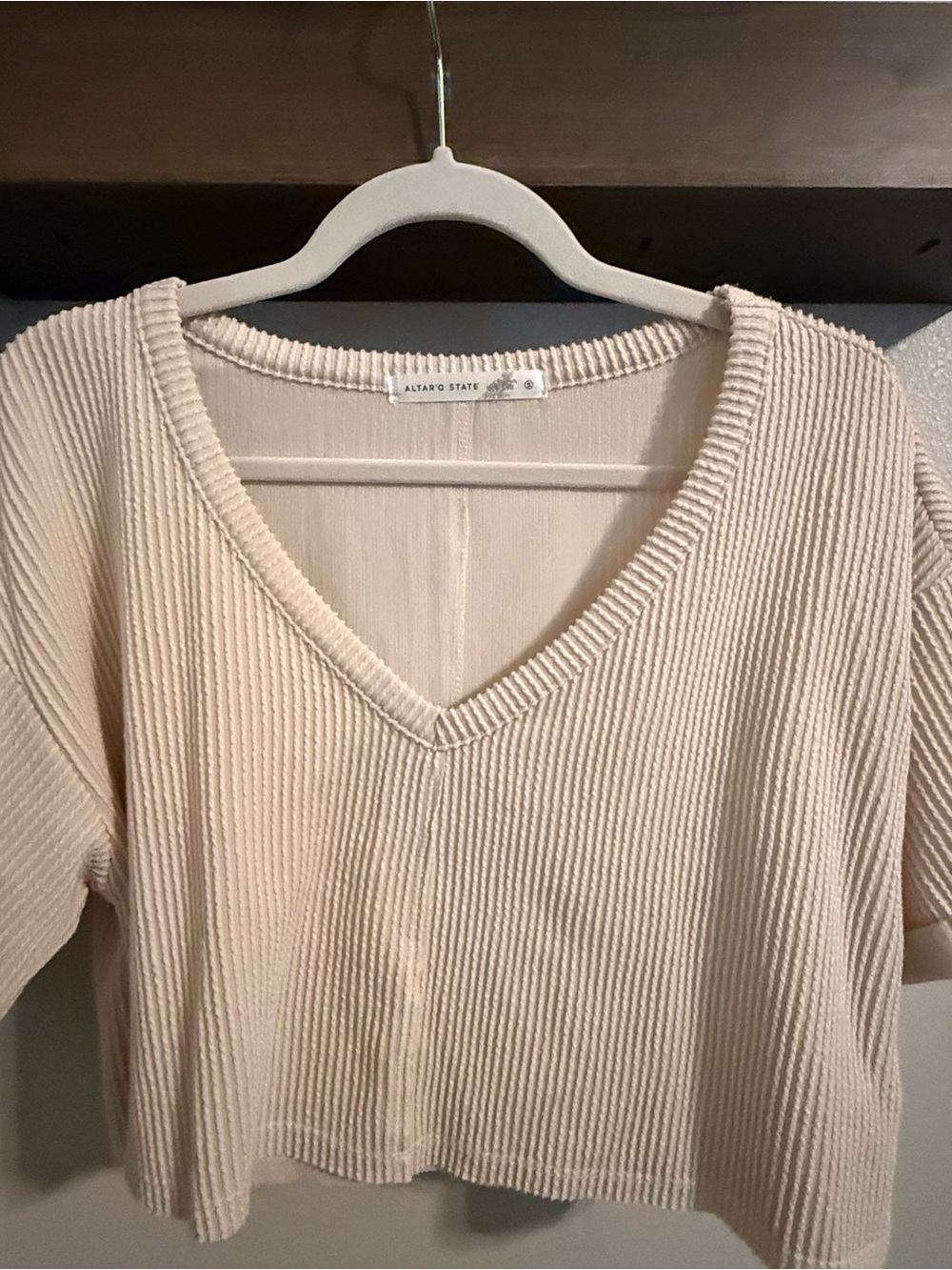 Altar'd State Cream Ribbed V-Neck Pullover short sleeve top